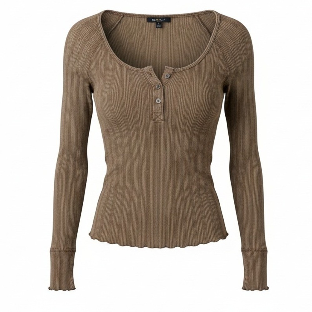 We The Free Free People‎ Women Top L Brown Ribbed Henley Thermal Layering Hiking